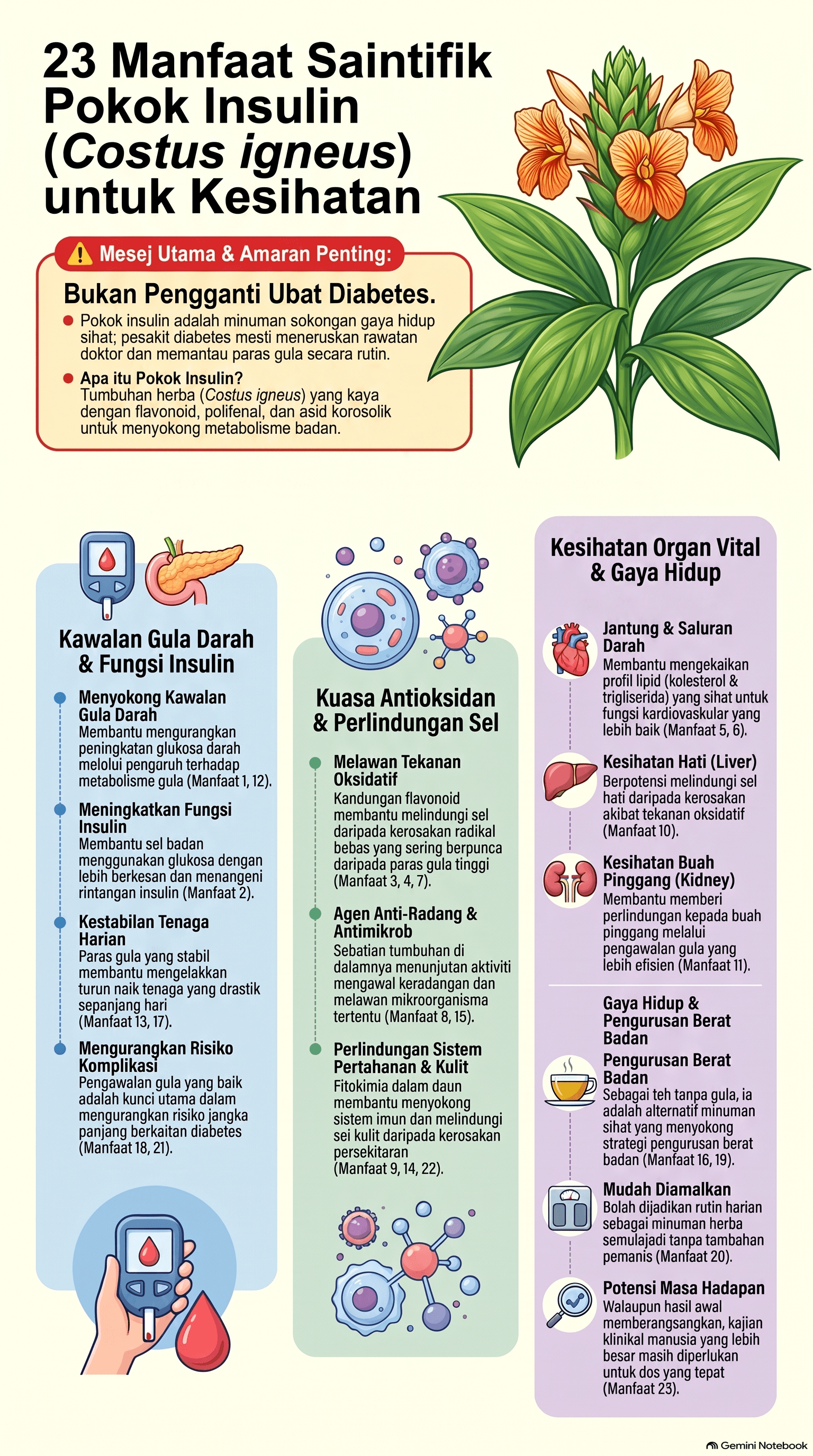 Infografik 23 manfaat saintifik pokok insulin — daun pokok teh insulin Costus igneus yang digunakan sebagai minuman herba