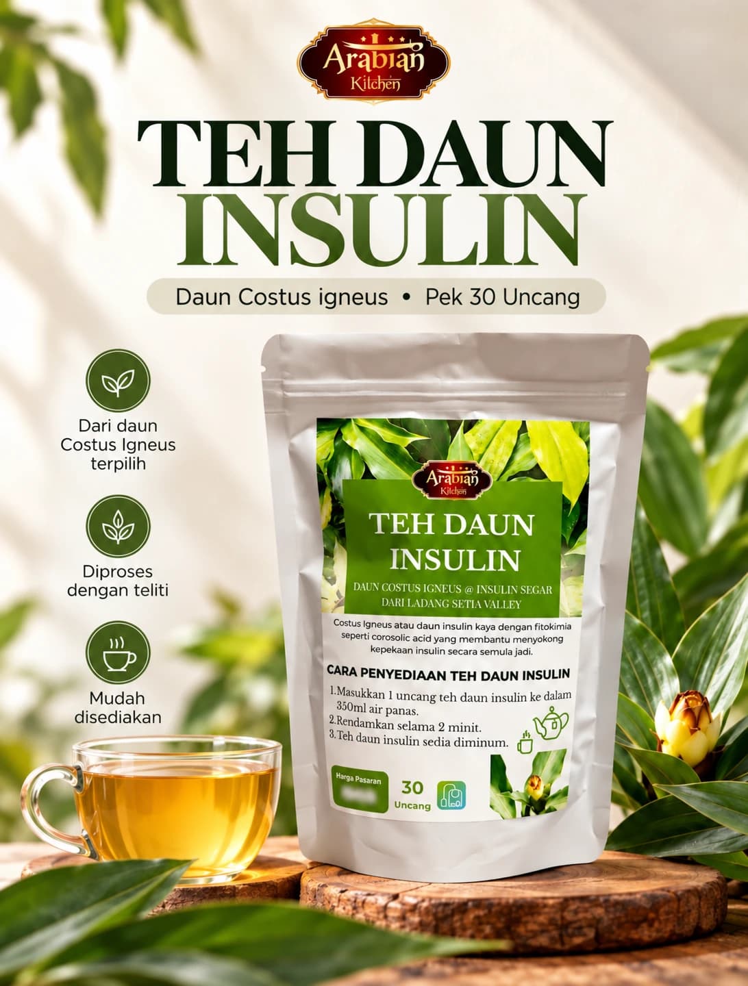 Teh Daun Insulin β Pek 30 Uncang bersama secawan teh
